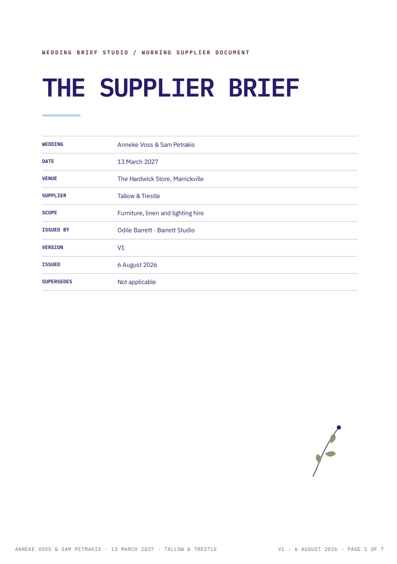 Cover page of a completed Supplier Brief working document