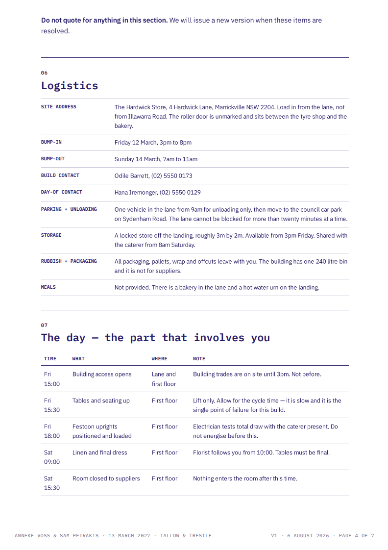 Supplier Brief page showing Logistics and The day — the part that involves you